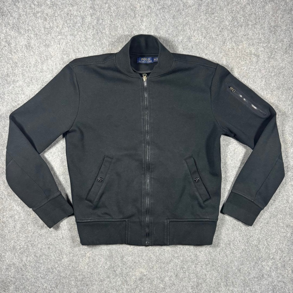 Polo Ralph Lauren Mens Black Double Knit Full Zip Bomber Jacket Size Medium